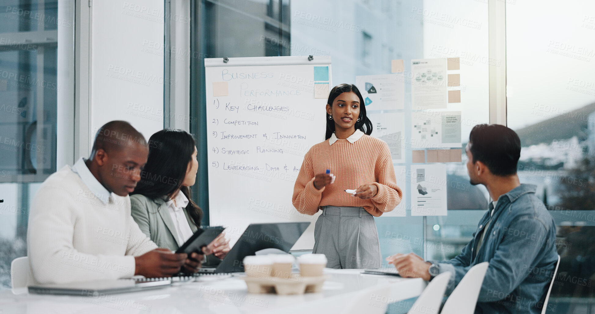 Buy stock photo Training, chart and team meeting in office, woman manager and talking to staff on performance. Business people, plan strategy and productivity improvement in boardroom, workshop and pitch proposal