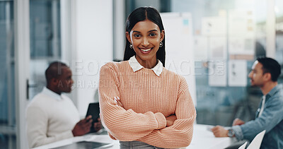 Buy stock photo Office, businesswoman and portrait with arms crossed for meeting, leadership and positive attitude. Boardroom, colleagues and happy manager with confidence for creative agency, startup and workplace