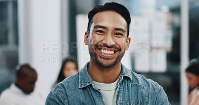 Buy stock photo Happy, portrait and asian man with team in confidence for leadership, meeting or productivity at office. Young face, male person or employee with smile for creative business development at workplace