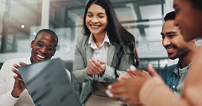 Buy stock photo Office, applause and business people on laptop with news for teamwork, collaboration and celebration. Corporate, diversity and happy men and women clapping hands for success, promotion and victory