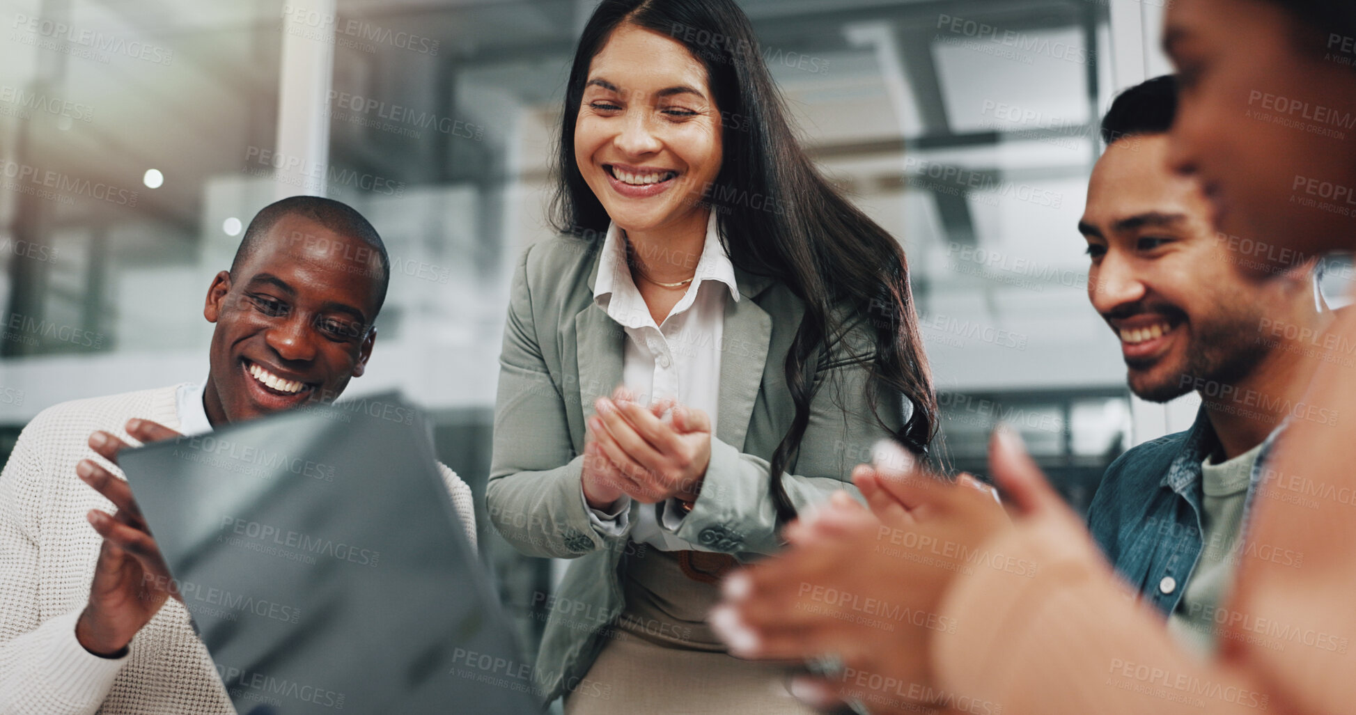 Buy stock photo Office, applause and business people on laptop with news for teamwork, collaboration and celebration. Corporate, diversity and happy men and women clapping hands for success, promotion and victory