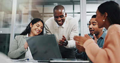 Buy stock photo Business people, applause and video call in office for celebration, discussion and creative agency. Startup, achievement and partnership success in workplace for teamwork, proposal and diversity