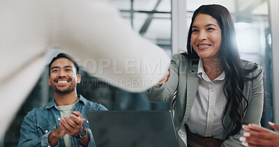 Buy stock photo Success, smile and business people with handshake in office for interview, onboarding or deal opportunity. Agreement, applause and team shaking hands in welcome, introduction or corporate partnership