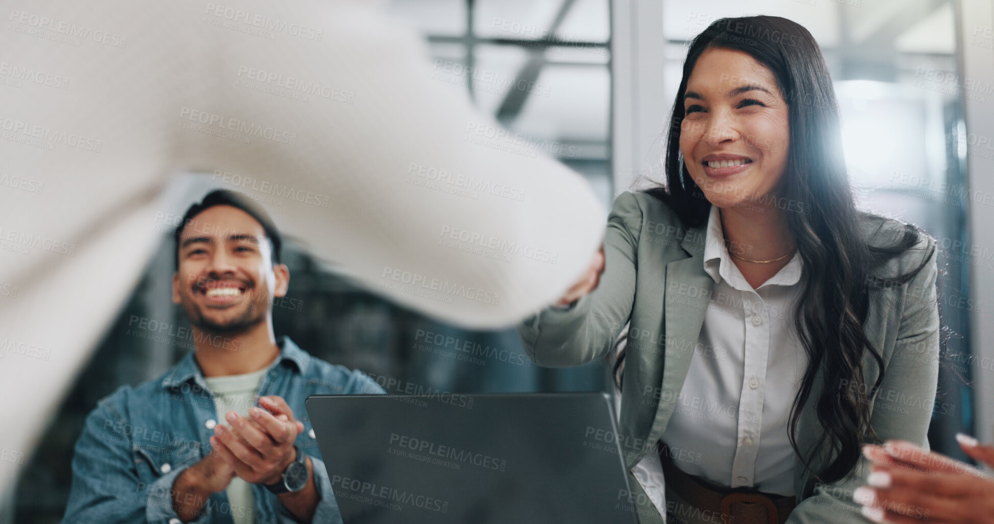 Buy stock photo Success, smile and business people with handshake in office for interview, onboarding or deal opportunity. Agreement, applause and team shaking hands in welcome, introduction or corporate partnership