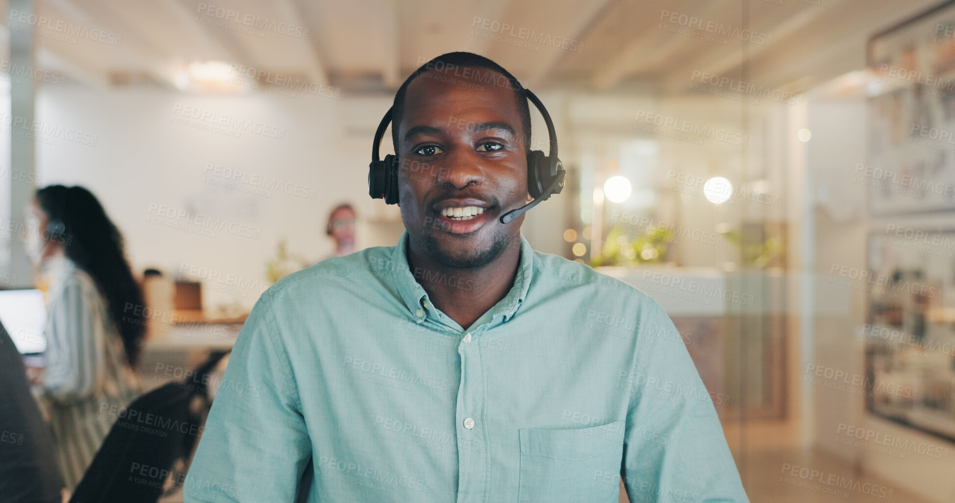 Buy stock photo Customer service, call center and portrait of African man for telemarketing, communication and help. Office, night and face of person with headset for contact, crm support and consulting in Nigeria