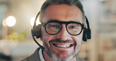 Buy stock photo Customer support, call center and portrait of mature man for online sales, communication and help. Office, night and happy person with headset for contact, crm service and consulting in Netherlands