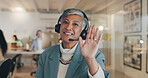 Woman, call center and portrait for wave, headset or happy for communication, contact us and tech support. Mature person, agent and consultant with palm, hello or smile for customer service in office