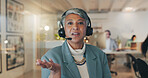 Customer service, talking and portrait of woman in call center for telemarketing, communication and webinar. Office, night and person with headset for video conference, crm support and consulting