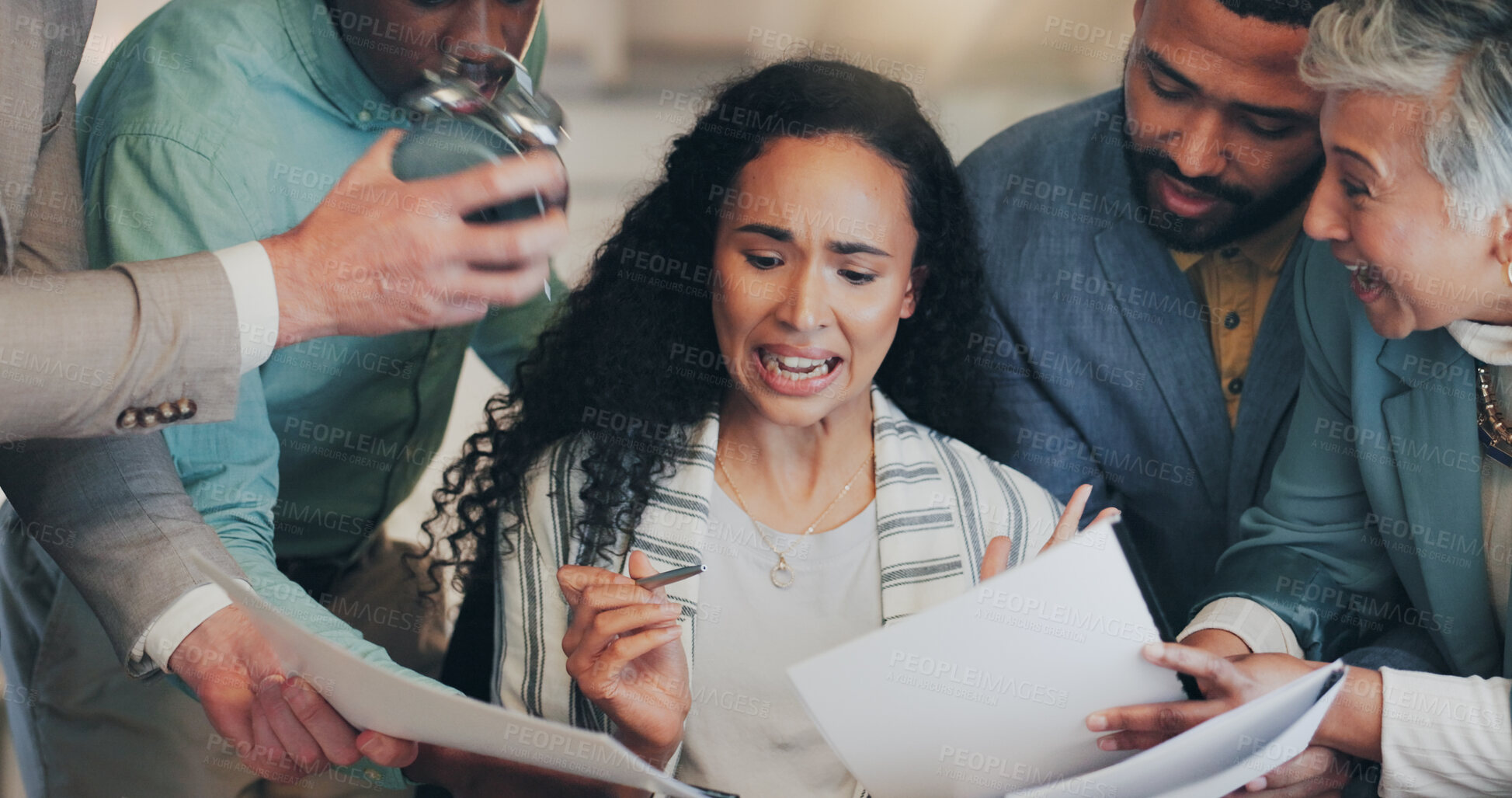 Buy stock photo Office, colleagues and businesswoman with stress for multitasking, chaos or lack of time management. Staff, female person or anxiety with paper for deadline, burnout or pressure for corporate project