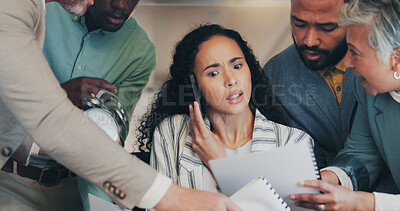 Buy stock photo Frustrated, business woman and phone call with overload or demanding team in chaos at office. Female person, employees or group with documents in stress, anxiety or overwhelming pressure at workplace