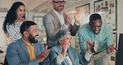 Buy stock photo Teamwork, celebration and excited business people with computer, good news and collaboration with cheers. Applause, men and women with happy email, winning results or support for office achievement