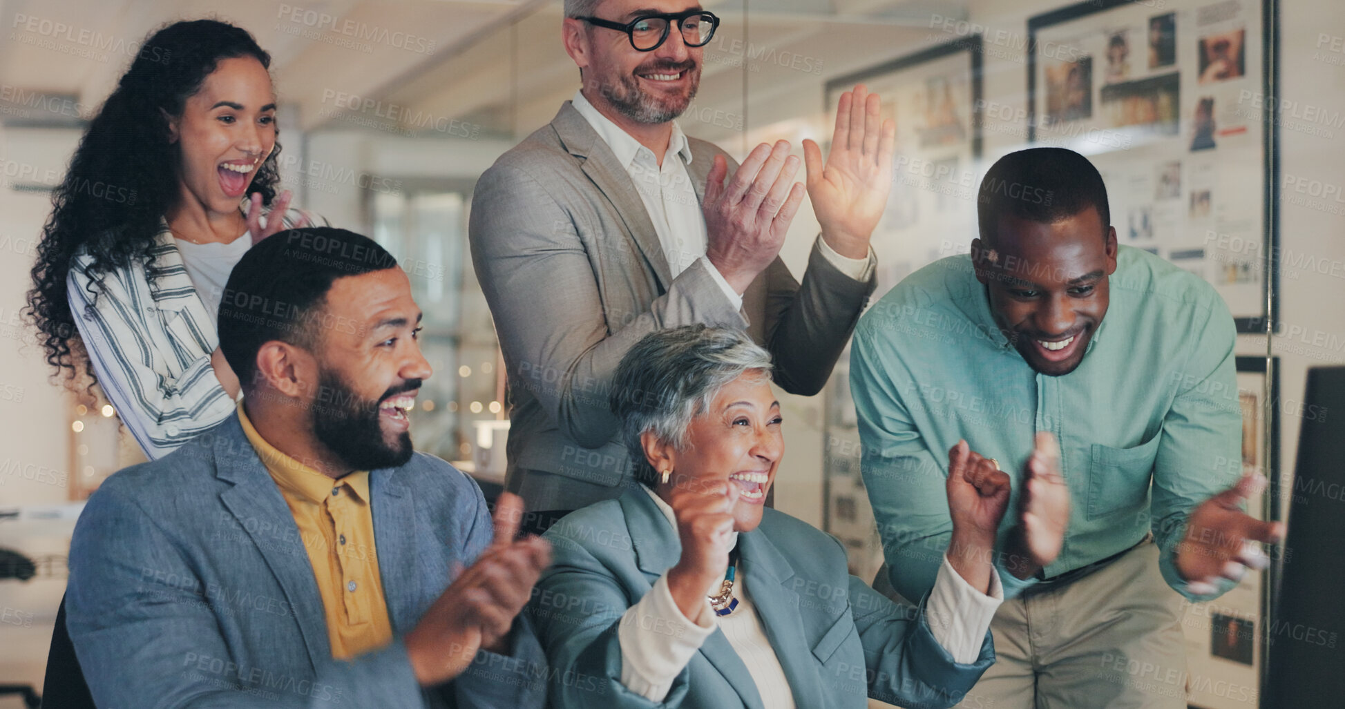 Buy stock photo Teamwork, celebration and excited business people with computer, good news and collaboration with cheers. Applause, men and women with happy email, winning results or support for office achievement