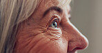 Senior, eyes and profile with closeup of woman for medical exam, thinking and optometry. Wrinkles, retirement and healthcare with person for eyesight wellness, contact lens and ophthalmology test