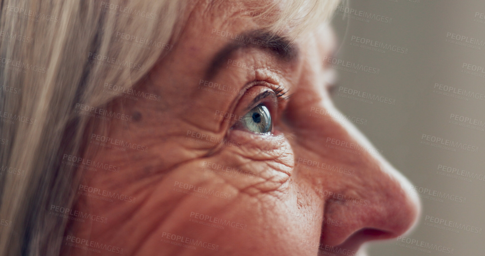 Buy stock photo Senior, eyes and profile with closeup of woman for medical exam, thinking and optometry. Wrinkles, retirement and healthcare with person for eyesight wellness, contact lens and ophthalmology test