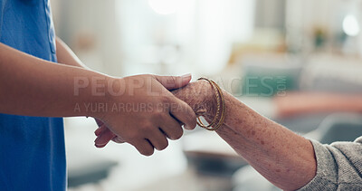 Buy stock photo Nurse, elderly care and holding hands with patient for empathy, understanding or support at retirement home. Closeup, medical caregiver or doctor with touch for grief, loss or trust at old age house