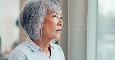 Buy stock photo Elderly woman, thinking and window in nursing home for retirement, nostalgia and mindfulness. Senior person, comfort or remember in living room with past memories, full life or morning reflection