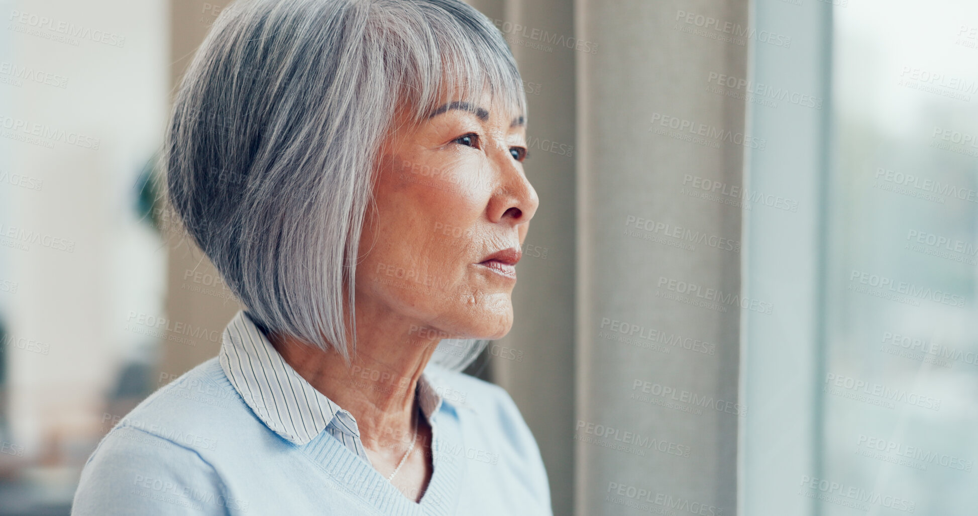 Buy stock photo Elderly woman, thinking and window in nursing home for retirement, nostalgia and mindfulness. Senior person, comfort or remember in living room with past memories, full life or morning reflection