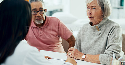 Buy stock photo Doctor, consultation and discussion with elderly couple for insurance or healthcare policy at hospital. Medical employee, caregiver or nurse with senior patients for health prescription at clinic