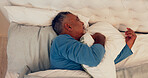 Sleeping, relax and senior man on bed for comfort with duvet, mattress and pillow in home. Rest, calm and elderly male person in retirement with afternoon nap in bedroom on weekend in house.