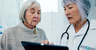 Buy stock photo Mature woman, doctor or tablet with senior patient for healthcare results, exam or test at hospital. Female person, medical employee or surgeon with technology for elderly care or clinic consultation