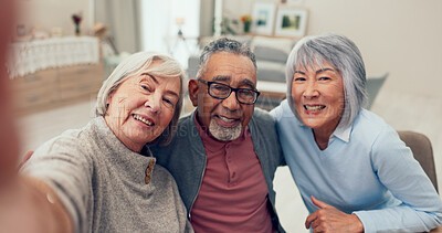 Buy stock photo Senior people, friends and happy on selfie at nursing home for social media and profile picture. Reunion, pensioner and smile for retirement with bonding, memories and support for unity and trust