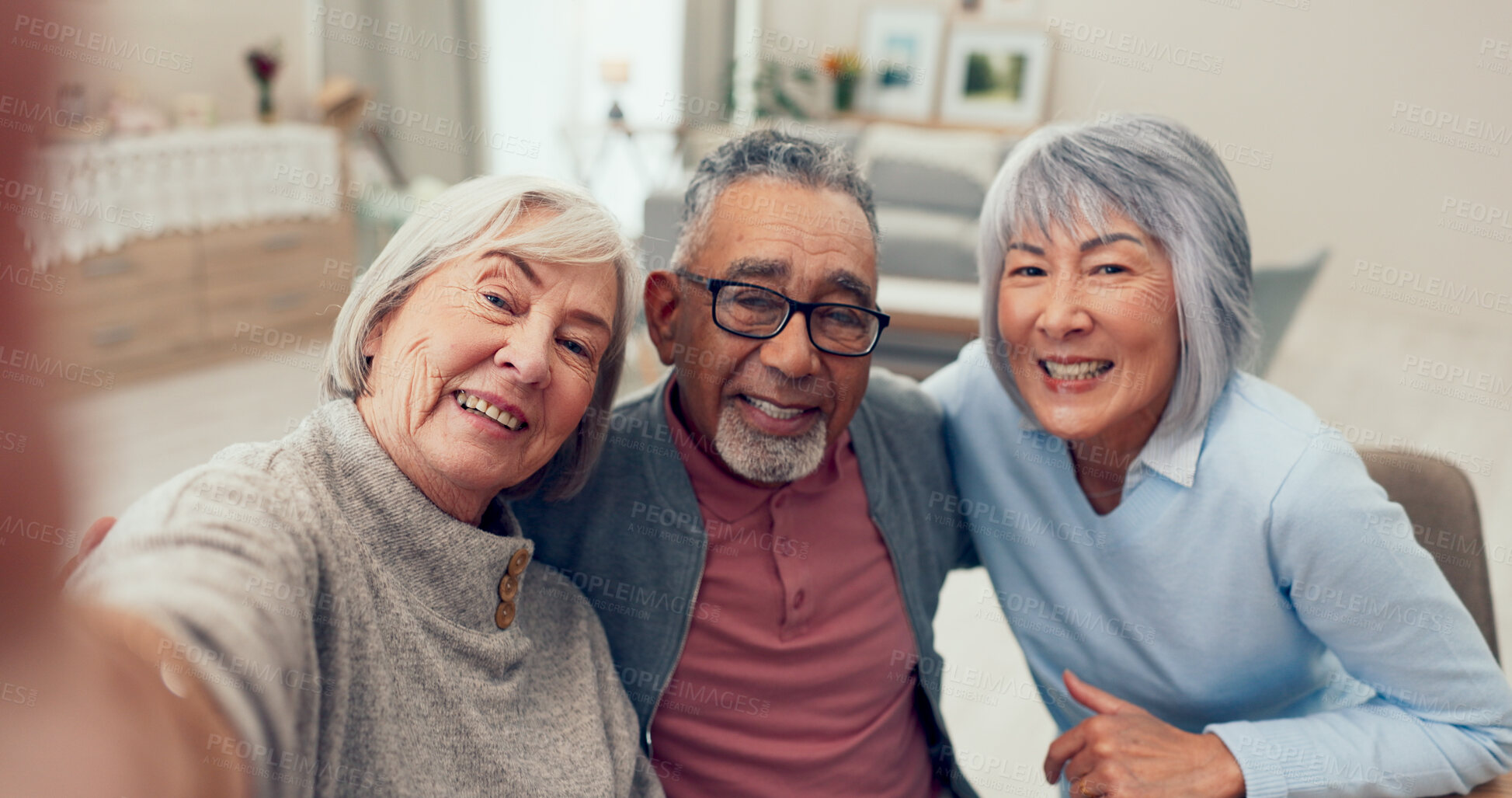 Buy stock photo Senior people, friends and happy on selfie at nursing home for social media and profile picture. Reunion, pensioner and smile for retirement with bonding, memories and support for unity and trust