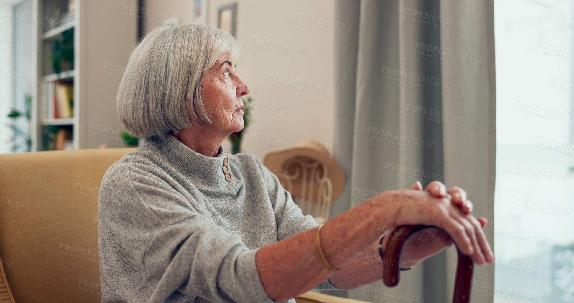 Buy stock photo Senior woman, walking stick and sofa with thinking in home for memory, mobility and recovery from stroke. Retirement cane and elderly person with disability, balance and reflection on couch in house