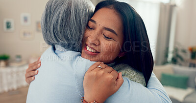 Buy stock photo House, hug and mother with adult daughter, happiness and kindness in living room. Apartment, mama and girl in lounge, embrace or bonding together with comfort, parent and support with family or smile