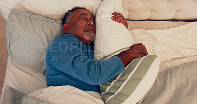 Buy stock photo Sleeping, dreaming and senior man on bed for comfort with duvet, mattress and pillow in home. Relax, calm and elderly male person in retirement with afternoon nap for rest in bedroom on weekend.