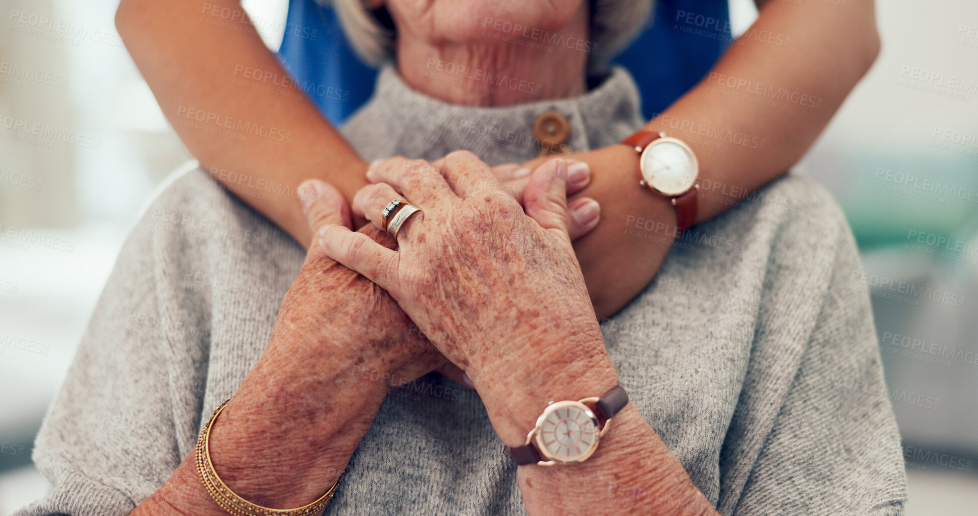 Buy stock photo Nurse, hands and elderly care with patient for healthcare, support or assisted living at old age home. Closeup, medical employee or caregiver with hug for senior empathy, sympathy or love at house