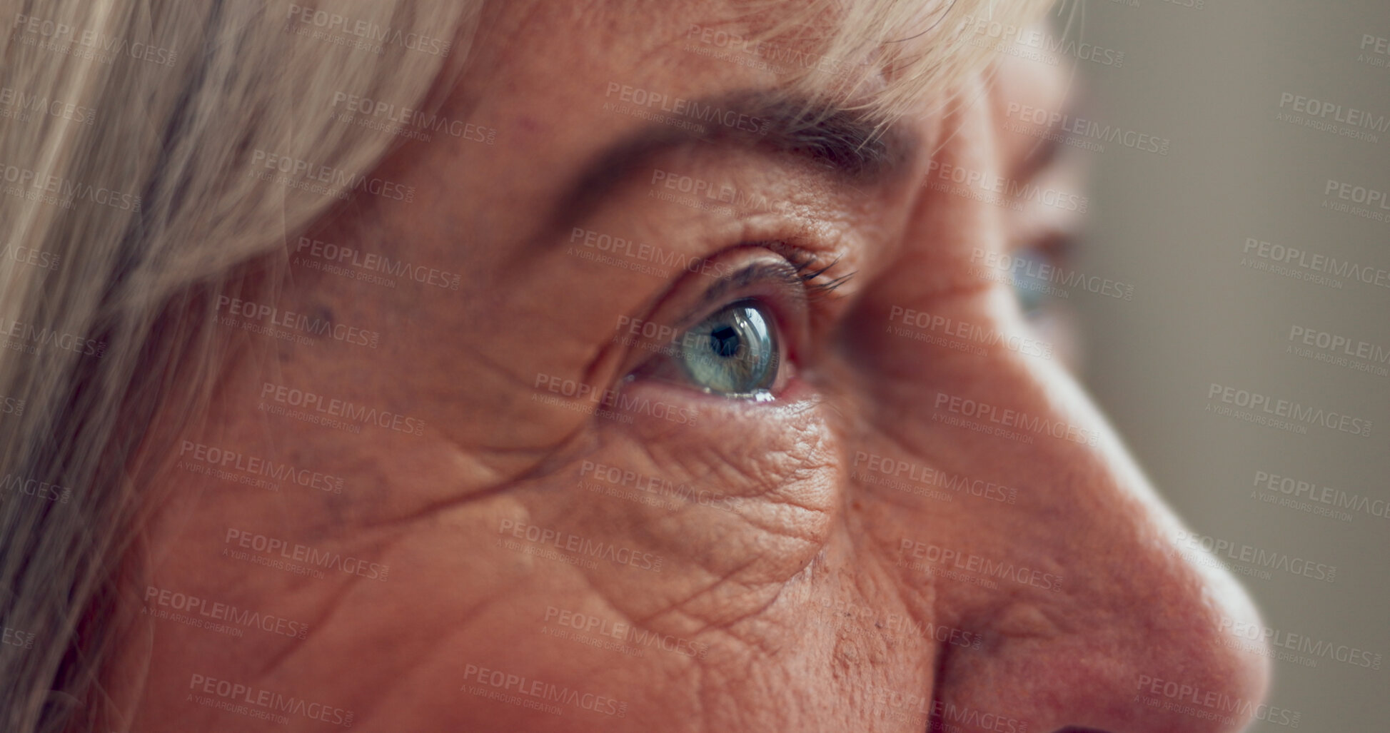 Buy stock photo Senior, eyes and reflection with closeup of woman for medical exam, thinking and optometry. Wrinkles, retirement and healthcare with person for eyesight wellness, contact lens and ophthalmology test