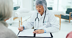 Woman, doctor and writing with consultation for checkup, prescription or clinic diagnosis at hospital. Female person, surgeon or medical employee taking notes with senior clients for health insurance