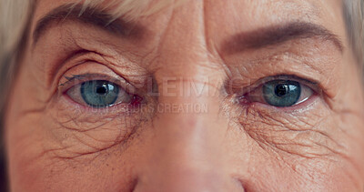 Buy stock photo Senior, eyes and optometry with closeup of woman for medical exam, thinking and reflection. Wrinkles, retirement and healthcare with person for eyesight wellness, contact lens and ophthalmology test