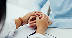 Doctor, holding hands and empathy with patient for consultation, understanding or support at hospital. Closeup, medical caregiver or nurse with touch for grief, sympathy or trust at healthcare clinic