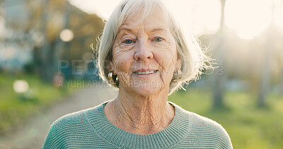 Buy stock photo Elderly, woman and smile in portrait outdoor for morning walk, wellness and confidence in retirement. Senior person, face of pensioner and happy in nature for relax, fresh air and pride in park