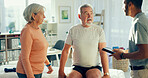 Physiotherapy, tablet and man with mature couple for medical care, consulting and wellness. Healthcare, chiropractor and patients on digital tech for physical therapy, rehabilitation or online report