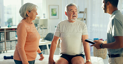 Buy stock photo Physiotherapy, tablet and man with mature couple for medical care, consulting and wellness. Healthcare, chiropractor and patients on digital tech for physical therapy, rehabilitation or online report