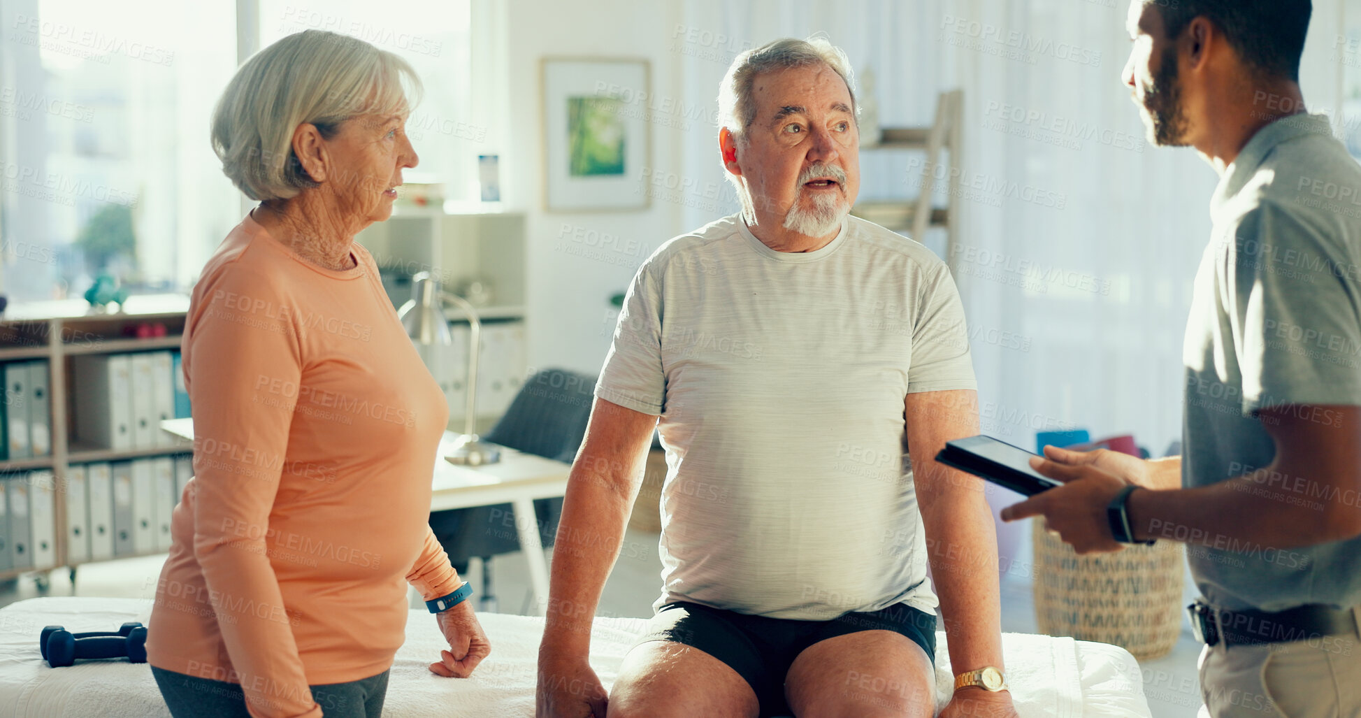 Buy stock photo Physiotherapy, tablet and man with mature couple for medical care, consulting and wellness. Healthcare, chiropractor and patients on digital tech for physical therapy, rehabilitation or online report