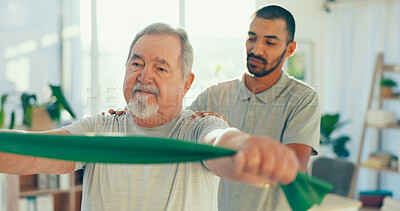 Buy stock photo Resistance band, physiotherapy and man with patient for mobility, medical service and consulting. Healthcare, physical therapy and chiropractor with person for rehabilitation, recovery and stretching