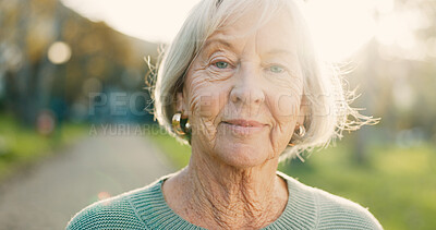 Buy stock photo Senior, woman and smile in portrait outdoor for morning walk, wellness and confidence in retirement. Elderly person, face of pensioner and happy in nature for relax, fresh air and pride in park