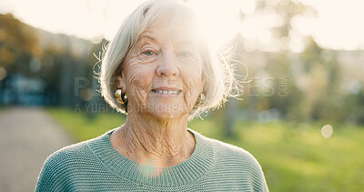 Buy stock photo Senior, woman and happy in portrait outdoor for morning walk, wellness and confidence in retirement. Elderly person, face of pensioner and smile in nature for relax, fresh air and pride in street