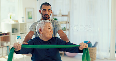 Buy stock photo Resistance band, physiotherapy and man with patient for mobility, help and consulting. Healthcare, physical therapy and chiropractor with senior woman for rehabilitation, recovery and wellness