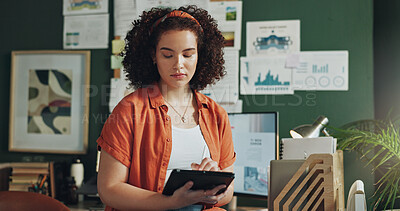 Buy stock photo Woman, remote work and writing on tablet for creativity, research or productivity. Entrepreneur, web designer or technology in home office for communication, design process or information for startup