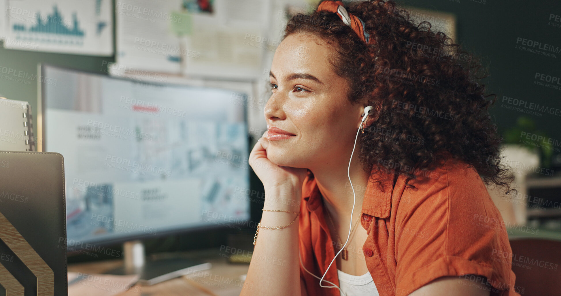 Buy stock photo Business, thinking and woman in office, earphones and contemplation with sound, listening to music and podcast. Person, creative agency and entrepreneur with break, radio and calm with daydreaming