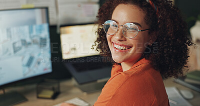 Buy stock photo Business woman, portrait and computer in home office for research, hybrid work and positive mood. Virtual assistant, happy and pc screen for project, pride and professional administration support