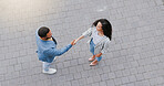 City, above and business people with handshake for greeting, introduction and welcome for meeting. Outdoor, woman and man with shaking hands for hello, thank you and b2b deal for corporate project