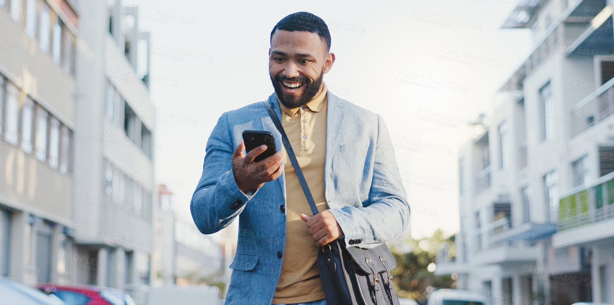 Buy stock photo City, businessman and happy with smartphone for travel, commute and walking in morning to workplace. Urban, surprised worker and sales person with mobile for promotion notification, news and outdoor