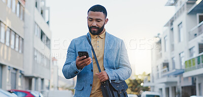 Buy stock photo Travel, phone and business man in city walking for social media, networking and communication. Outdoor, urban town and person on smartphone for online chat, internet and website in street for commute