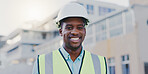 Construction, happy and portrait of black man in city for inspection, building and maintenance. Civil engineering, factory and person with ppe for urban planning, infrastructure and manufacturing