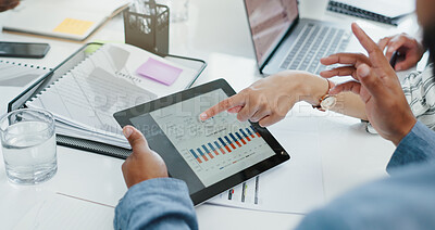 Buy stock photo Above, hands and business people with tablet screen for chart, graphs and feedback of performance. Office, marketing team and planning with digital for project growth, statistics and data analysis